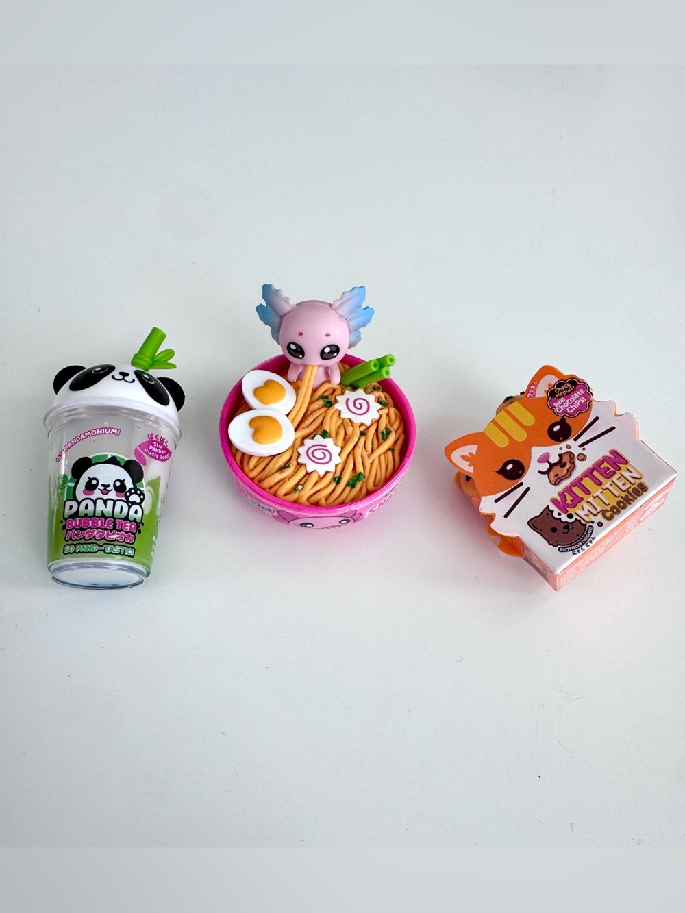 ZURU Mini Brands Kawaii: Panda Bubble Tea, Snaxolotl Ramen, Kitten Mitten Cookie